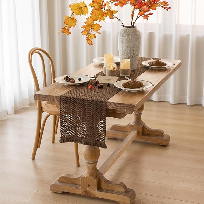 Boho Brown Table Runner for Home Decor 12x90 Inches Farmhouse Macrame Burlap Jute Rustic Dining Kitchen Centerpiece Bohemian Decor French Country Baby Bridal Shower Decorations