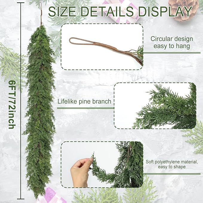 Garland, 6 Ft Green Polyethylene Lifelike Holiday Greenery with Ring Hook