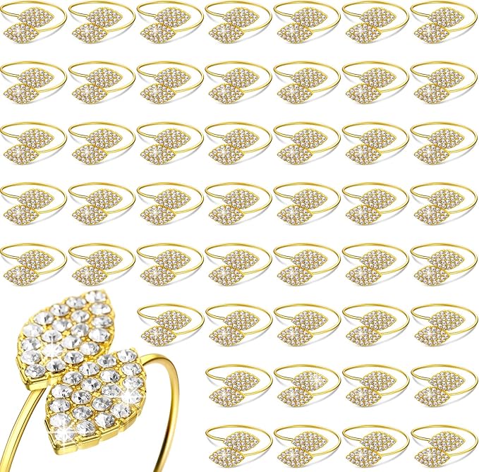 Hotop 24 Pcs Napkin Rings Gold Table Decorations, Elegant Bling Leaves Napkin Rings, Rhinestone Guest Towels Buckle for Wedding Gold Party, Thanksgiving Christmas Dinner Banquet Table Decoration