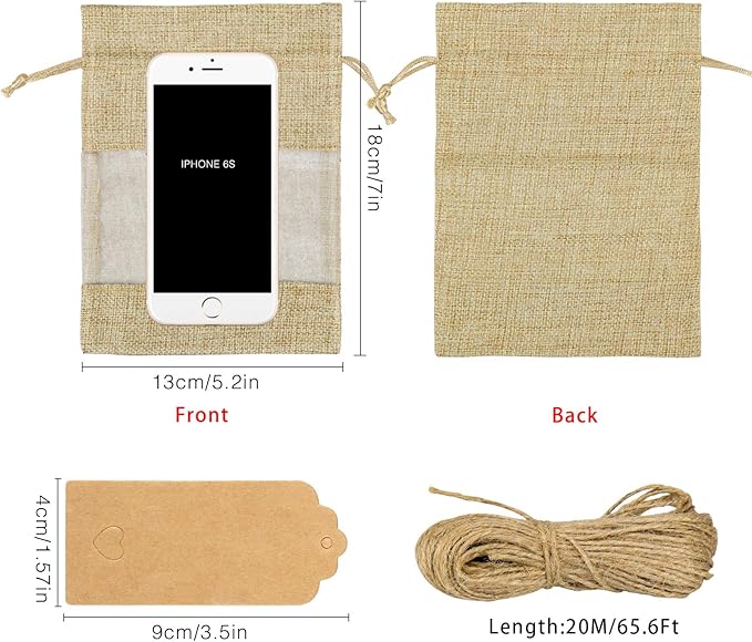 Burlap Gift Bags, 5x7 Inch Flaxen Sheer Drawstring Bags, Pack of 50