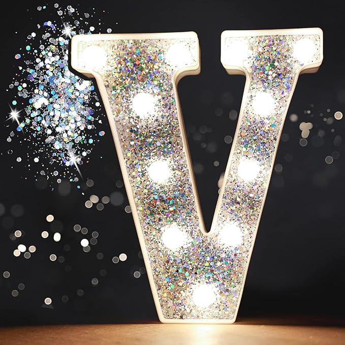 Pooqla Light Up Letters, LED Marquee Letters for Silver Birthday Decorations, Battery Powered Night Light Teenager Girl Room Decor, Gift for Girls Boys Wedding Bedroom Christmas Party Decor, Letter V