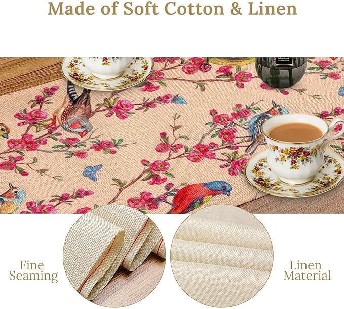 Floral Butterfly Table Runner Seasonal Spring Flower Bird Table Decoration Table Runner for Home Party Decoration 13x90 Inch