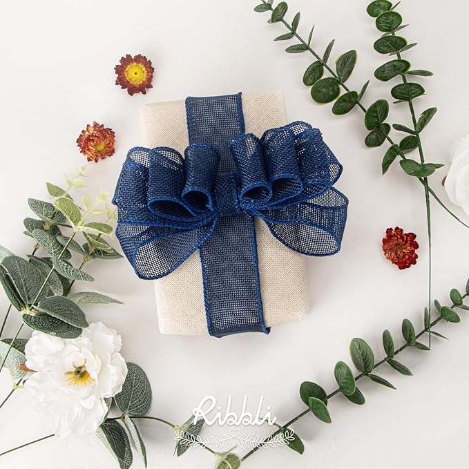 Ribbli Navy Burlap Wired Ribbon,1-1/2 Inch x 10 Yard, Wired Edge Ribbon for Big Bow,Wreath,Tree Decoration,Outdoor Decoration