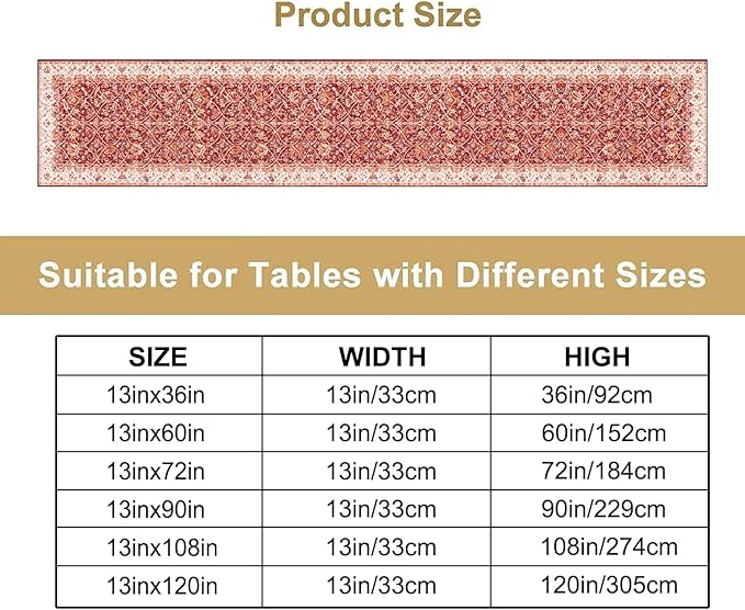 Boho Floral Vintage Table Runner, Retro Red Flower Rustic Country Farmhouse Abstract Pattern for Home Kitchen Table Decor Dining Coffee Room Party Decor 13x120in