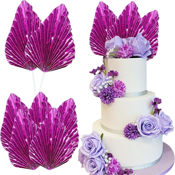 Ephlyn 6Pcs Paper Palm Leaves Fan Cake Toppers Palm Leaf Fan Cake Picks Craft DIY Fan Cupcake Toppers Palm Spear Leaves Cake Decorations for Baby Shower Wedding Birthday Party Supplies Bright Rose Red