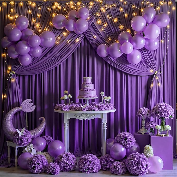 Backdrop Curtain, Purple Polyester, 8 Panels, 40 ft x 10 ft Wrinkle-Free