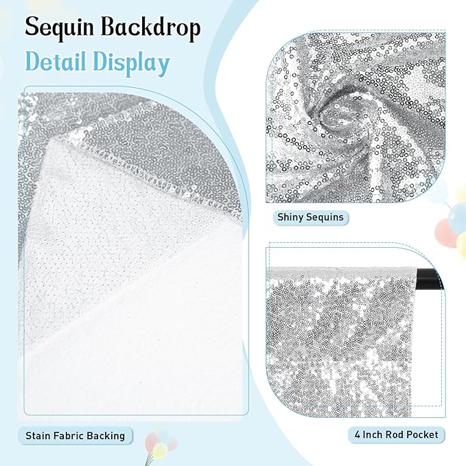 SquarePie Sequin Backdrop Not See Through Thick Background Glitter Curtain Party 20FT x 10FT Silver
