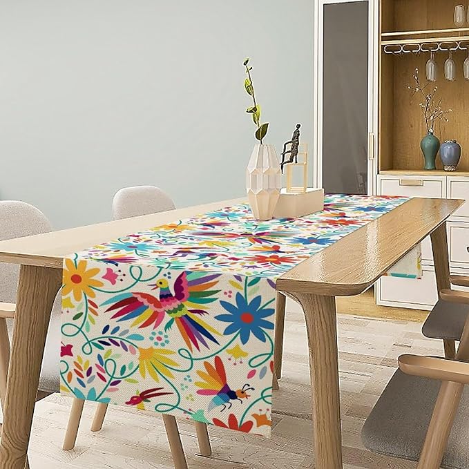 Mexican Table Runner,Boho Colorful Nature Inspired Flowers and Birds Table Cloth Kitchen Dining Table Home Party Decoration 13x108 Inch