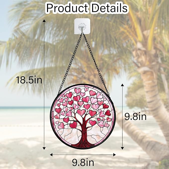 Stained Glass Window Hanging, Pink Love Heart Tree Suncatcher Hangings Beige Sun Catchers Decor for Birthday Holiday for Women, Men, Wife, Aunt, Mom 9.8IN