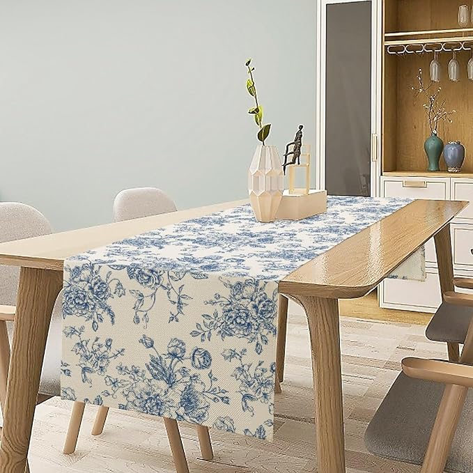 Floral Table Runner, Retro Blue Flower Chinoiserie Sketch Pattern Print Table Runner for Kitchen Dinning Table Runner Decor Home Wedding Party Holiday, 13x36 Inch