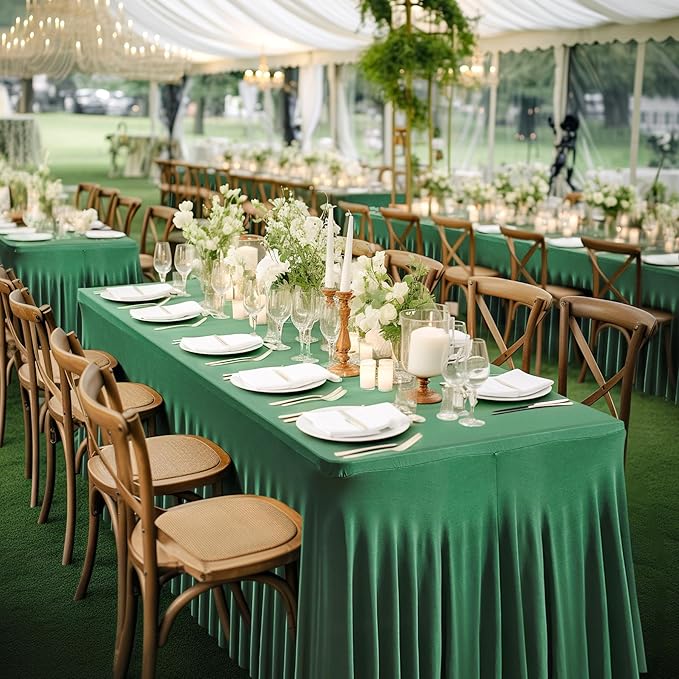 Wish Care 6 Pack Hunter Green Spandex Table Clothes for 6 Foot Rectangle Tables, 6FT Wrinkle Free Fitted Tablecloths Ruffles Design Table Cover for Party, Banquet, Wedding and Events