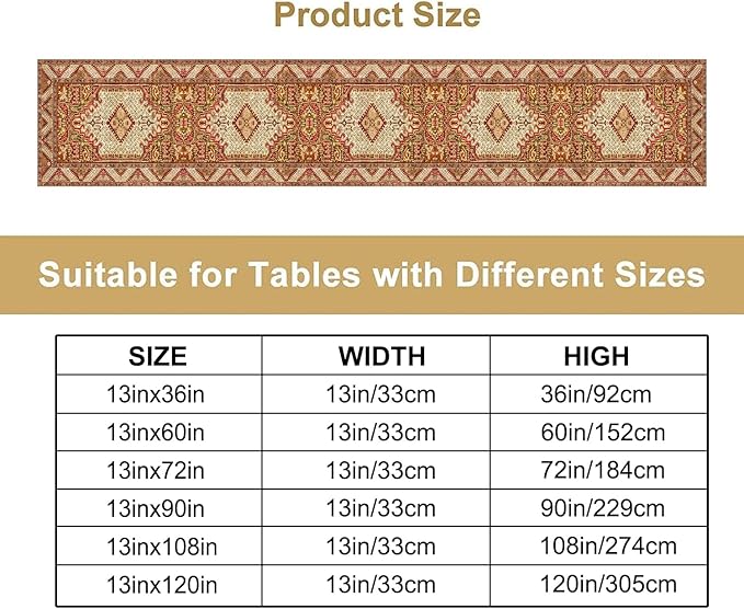 Boho Bohemia Style Orange Table Runner, Country Rustic Farmhouse Magical Abstract Print Pattern for Home Kitchen Table Decor Dining Coffee Room Garden Party Decor 13x108in