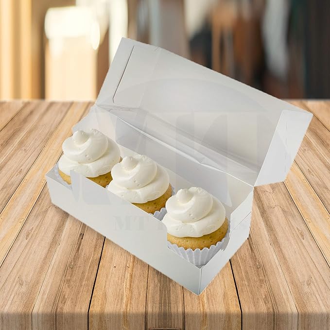 MT Products White Cupcake Boxes 9" x 4" x 3.5" - Auto Pop-Up Bakery Boxes with Window (Pack of 25) - Made in the USA