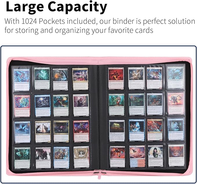Snekdy premium 1024-pocket trading card binder, 16-pocket cards album, waterproof PU-leather Cover album with side loading, holds gaming, baseball, basketball & sports cards (Pink)