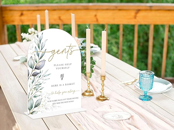 Acrylic Wedding Signs, Greenery Theme Gents Please Help Yourself Sign, Bridal Shower Table Decor with Stand, Wedding Bathroom Basket Supplies for Engagement, Anniversary, Newlywed Event and Party, 08