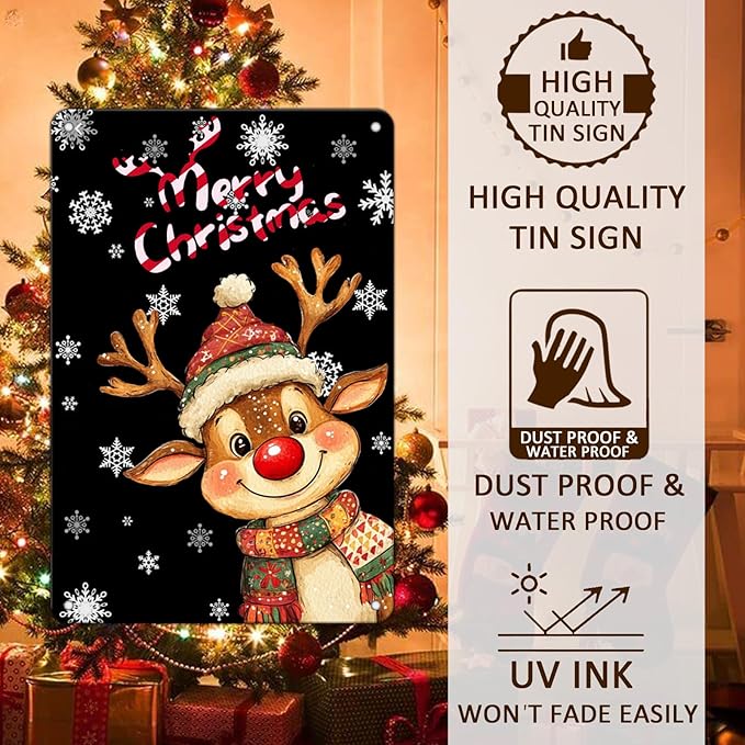 Christmas Reindeer Metal Tin Sign - Merry Christmas Sign for Outdoor & Indoor Decoration - 8x12Inch
