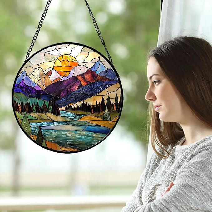 Stained Glass Window Hanging, Blue Lake Golden Sun Abstract Mountains Landscape Suncatcher for Doors Window Home Sun Catchers Decor Mother's Day Birthday Gifts for Women Men Mom 15 in
