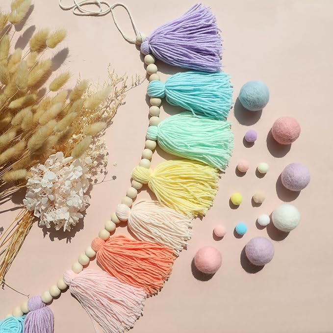 Tassel Garland Pastel Macaron Boho Wall Decor with Wood Beads
