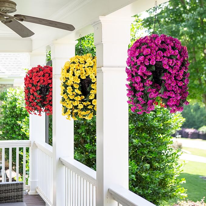 Artificial Fake Hanging Flowers Plants Baskets for Outdoor Outside Decoration, Faux Silk UV Resistant Realistic Fuchsia Morning Glory Planter for Home Porch Patio Balcony Garden Yard