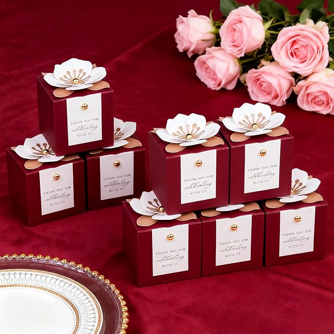 Gift Boxes, 20 Burgundy Favor Boxes with White Floral Decor and Tags