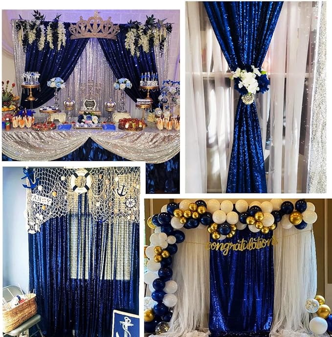 Poise3EHome 4Pcs 2Ft x 8Ft Blue Sequin Backdrop Curtains, Glitter Photography Backdrop, Sequence Xmas Thanksgiving Backdrop (Navy Blue, 4 pcs-2ftx8ft)