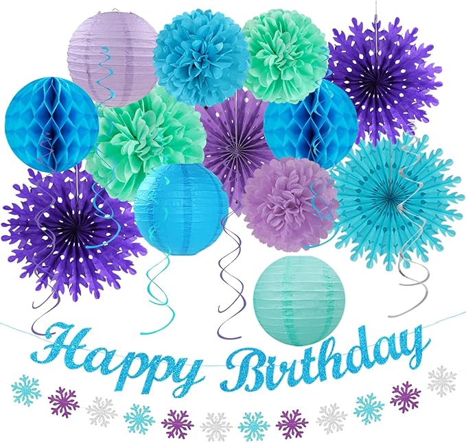 Banners Winter Wonderland Party Kit, Paper Decor in Blue, Purple and Teal