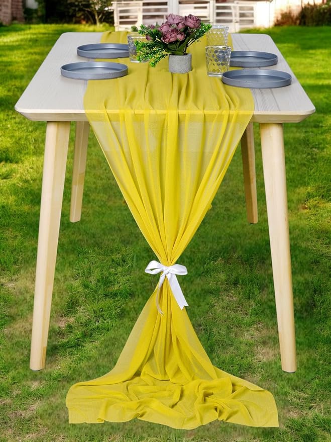 MDS 20 Pack 10ft Chiffon Table Runner 29 x 120 Inches Sheer Wedding Runner Romantic Rustic Table Runner for Wedding Decorations, Birthday Parties, Bridal Shower Party Arch Decor - Yellow