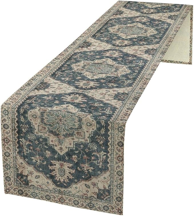 Boho Bohemia Style Table Runner, Vintage Blue Retro Flower Rustic Country Style Floral Print Pattern for Home Kitchen Table Decor Dining Coffee Room Garden Party Decor 13x90in