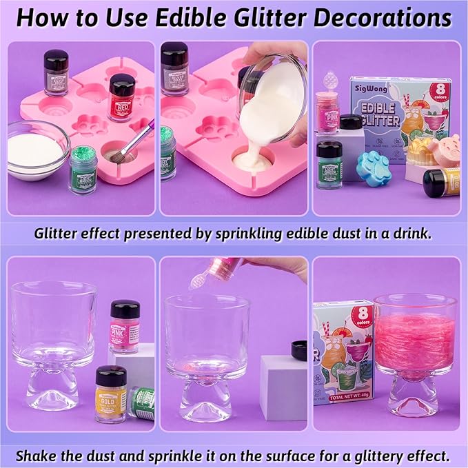 Edible Glitter Dusting Powder, 8 Colors, 5g Set for Drinks and Desserts