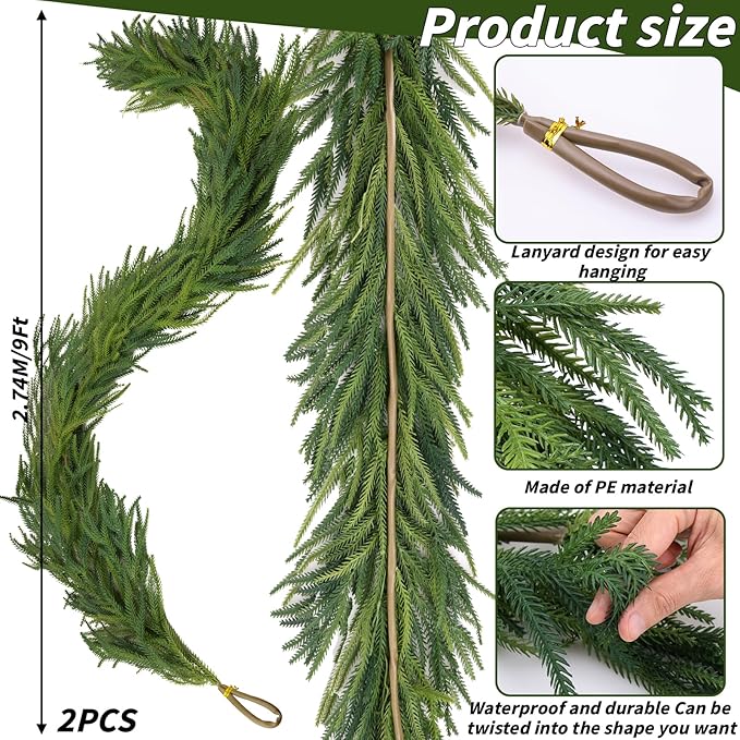 Garland - 9 Ft Green Artificial Norfolk Pine, Waterproof PE Material