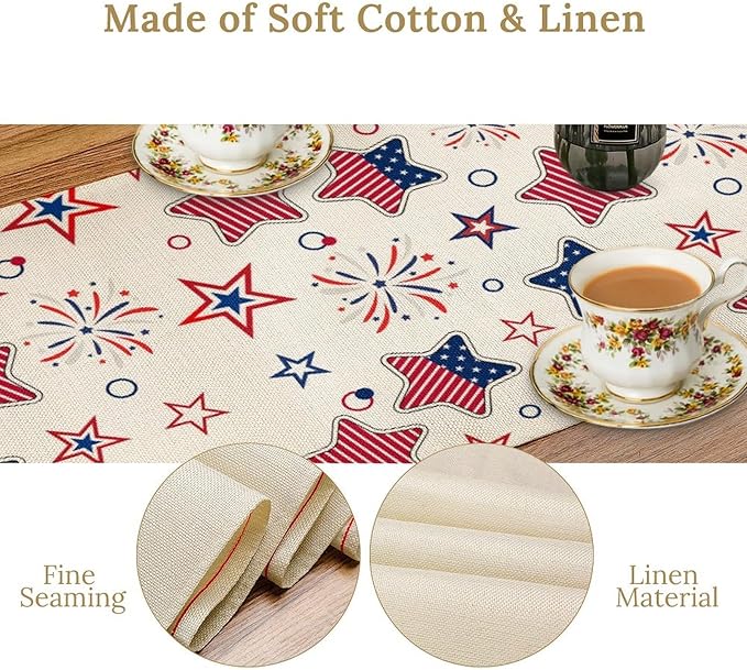 4th of July Table Runner, American Patriotic Independence Day Red Blue White Stars Stripes Fireworks Print Table Runner for Home Party Decor Kitchen Dining Table, 13x120inch