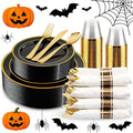 175PCS Black and Gold Plates - Black Disposable Plates for Party - 25Guests Disposable Dinnerware Set for Halloween/New Year/Wedding