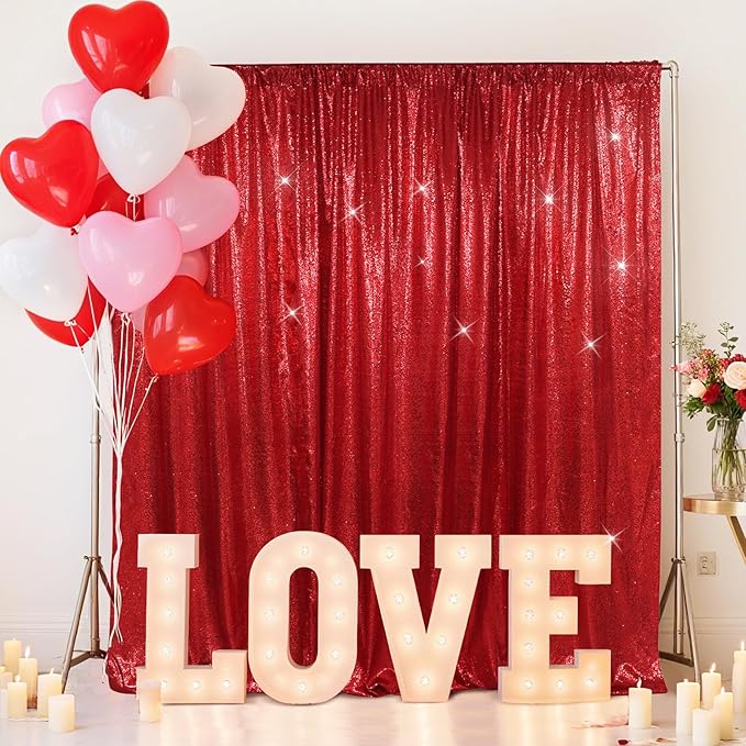 SquarePie Sequin Backdrop Curtain Less See Through Background for Wedding Christmas Party(8FT x 8FT, Red)