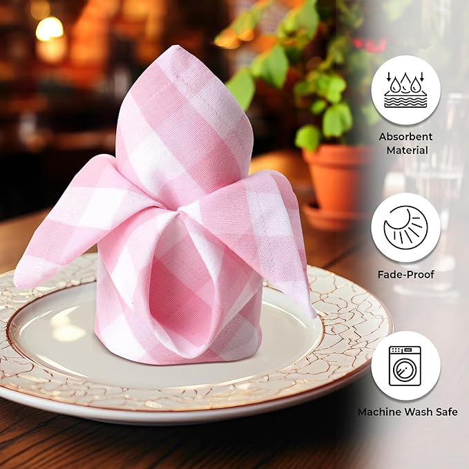 Cloth Dinner Napkins, 100% Cotton Checkered Pink, 20 x 20 Inch