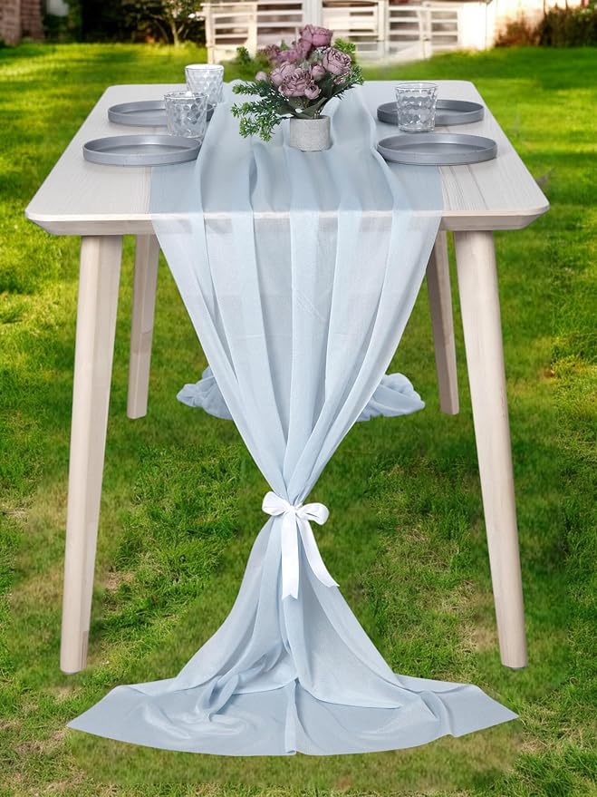 MDS 2 Pack 10ft Chiffon Table Runner 29 x 120 Inches Sheer Wedding Runner Romantic Rustic Table Runner for Wedding Decorations, Birthday Parties, Bridal Shower Party Arch Decor - Baby Blue