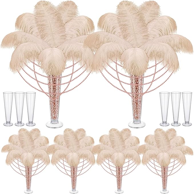 Yuxung 6 Sets Wedding Table Centerpiece Accessories Including 159 Pieces Natural Ostrich Feather Bulk Plastic Vases and Beads Necklaces for Wedding Home Party Centerpiece Supplies(Champagne)