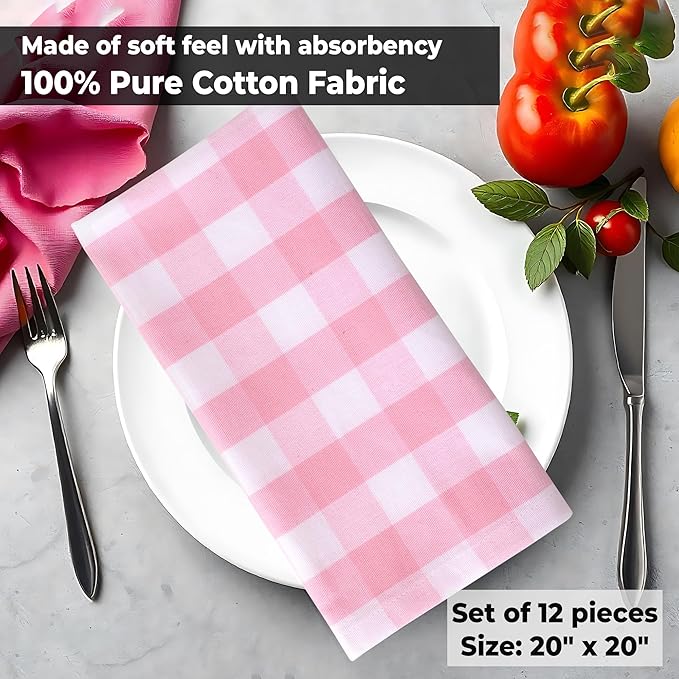 Cloth Dinner Napkins, 100% Cotton Checkered Pink, 20 x 20 Inch