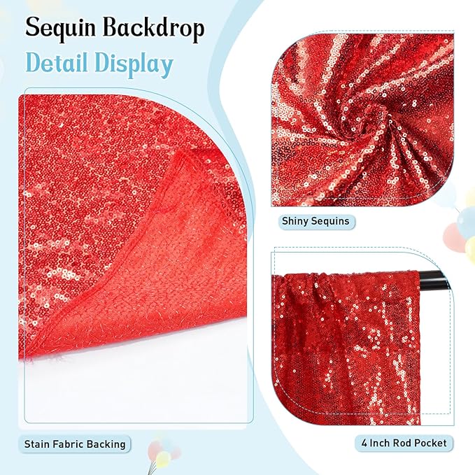 SquarePie Sequin Backdrop Curtain Not See Through Thick Glitter Background for Party 8FT x 8FT Red