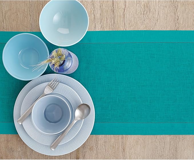 Solino Home Linen Teal Table Runner 144 Inches Long - 100% Pure Linen Extra Long Table Runner 14 x 144 Inch for Fall, Autumn - Classic Hemstitch