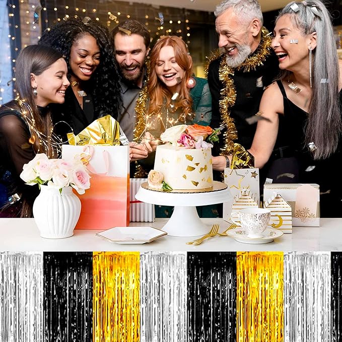 3 Pack Black Gold Silver Foil Fringe Table Skirts Metallic Tinsel Streamers Garland Banner Backdrop for Table Decor, Parade Float, Birthday, Wedding, Halloween, Christmas Party Decorations(29x108 In)