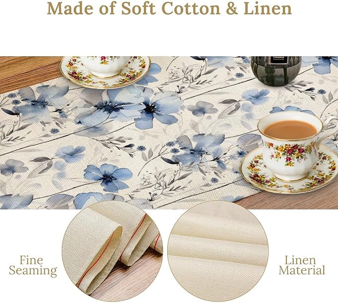 Watercolor Floral Table Runner, Blue Poppy Flower Seasonal Spring Summer Table Runner for Kitchen Dinning Table Runner Decor Home Wedding Party Holiday, 13x120 Inch