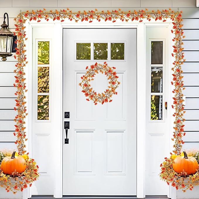 2 Pack Artificial Fall Flowers Garland, 6 FT Fall Decorations UV Resistant Fake Mums Floral Vines Faux Hanging Flower Ivy Garland for Home Party Table Wall Decor (Orange + Autumn Yellow)
