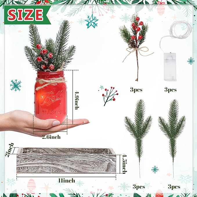Christmas Mason Jars, Christmas Centerpiece Table Settings, Wood Tray with 3 Painted Jars, Dining Coffee Table Centerpiece, For Kitchen, Living Room, Red Mason Jar Decor with Flowers
