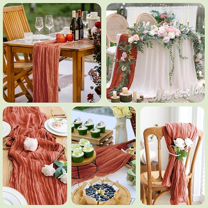 Asee'm 6pcs Cheesecloth Table Runner 120 Inches Long Terracotta Boho Gauze Cheese Cloth Runner 10FT Rustic Sheer Fall Table Runners for Thanksgiving Christmas Wedding Party Baby Shower Decoration