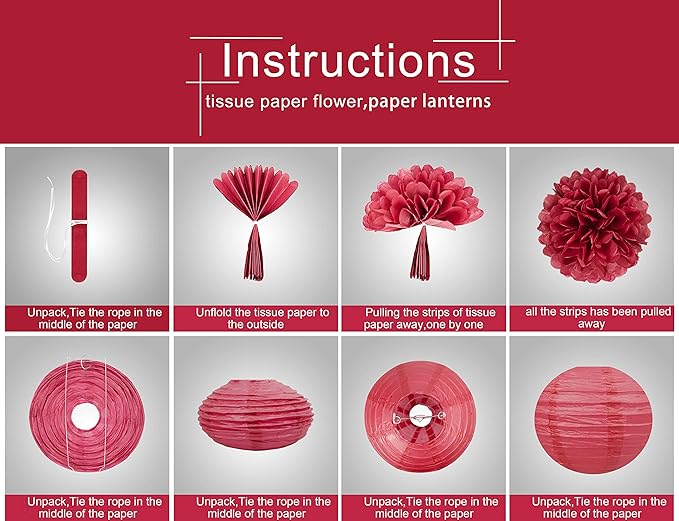 White Red Black Party Decorations - 15Pcs Tissue Paper Flower Pom Poms Lanterns Birthday Wedding Graduation Bachelorette Hanging Decor