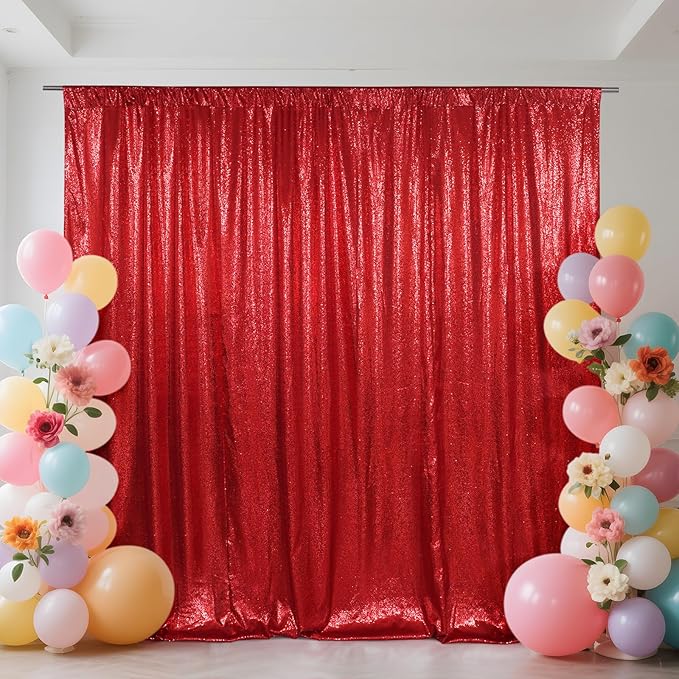 SquarePie Sequin Backdrop Curtain Not See Through Thick Glitter Background for Party 7FT x 7FT Red