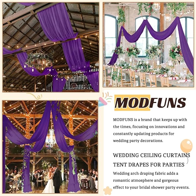 MODFUNS Wedding Ceiling Drapery Purple 5x30FT 2 Panels Sheer Wedding Arch Drapes Chiffon Fabric Ceiling Curtains Drapes for Party Tulle Backdrop Curtains Birthday Banquet Arch Draping