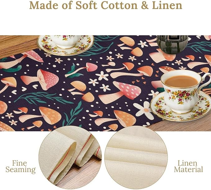 Mushroom Table Runner,Retro Forest Plant Table Cloth Farmhouse Kitchen Dining Table Decoration for Home Party Decor 13x108 Inch
