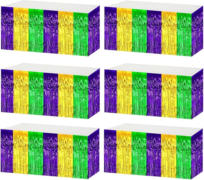 6 Pack 29x108 Inch Mardi Gras Metallic Foil Fringe Tinsel Table Skirts for Rectangle Tables Streamer Backdrop for Wedding, Birthday, Parade Floats, Carnival Party Decoration Gold Green Purple
