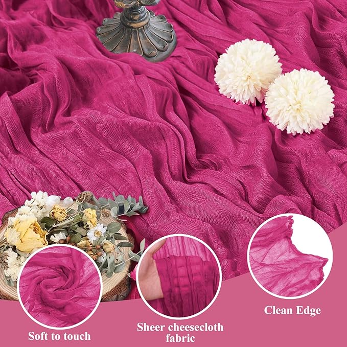 Asee'm 3pcs Cheesecloth Table Runner 120 Inches Long Fuchsia Boho Gauze Cheese Cloth Runner 10FT Rustic Sheer Table Runners for Christmas Wedding Party Baby Shower Spring Easter Decoration